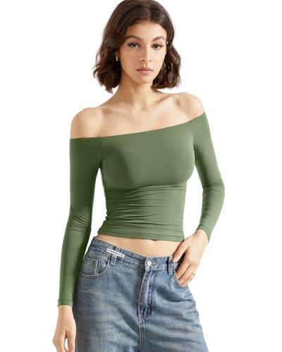 SUUKSESS Women Off The Shoulder Double Lined Long Sleeve Shirts Fitted Y2k Basic Going Out Tops (Army Green, L)