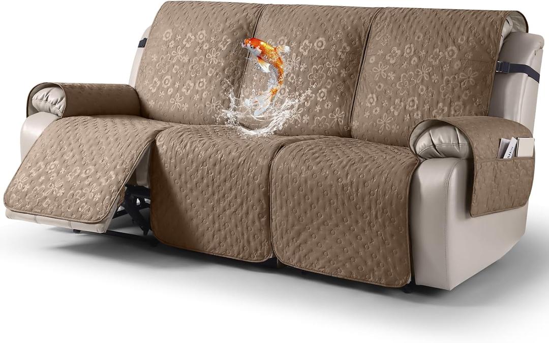 VANSOFY 100% Waterproof Recliner Sofa Covers, Couch Covers with Non-Slip Granule, 3-Piece Washable Reclining Sofa Cover with Pocket Furniture Protector for Kids, Pets（Light Brown,3 Seater）