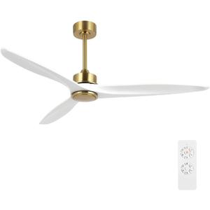 WINGBO 60 Inch DC Ceiling Fan without Lights, 3 Reversible Carved Solid Wood Blades, 6-Speed Noiseless DC Motor, Ceiling Fan No Light with Remote, Brass Finish with White Blades