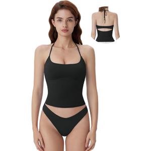 SUUKSESS Halter Tops for Women Tank Tops with Built in Bras Double Lined Open Back Y2K Going Out Camisole (Small, Black)