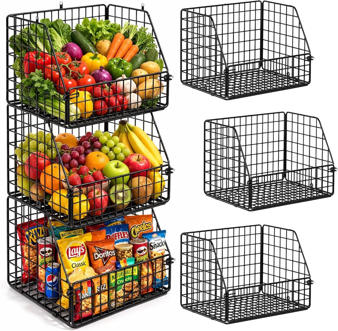 3-Tier Wall Hanging Fruit Baskets for Kitchen Organizing Fruits and Vegetables, Heavy-Duty Wall Basket for Storage, Wire Hanging Fruit Basket for Kitchen & Pantry (Rectangular, Black)