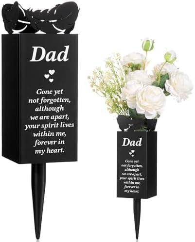 Geosar Father's Day Dad Memorial Stakes Grave Cemetery Decorations Metal Feather Cemetery Markers Plaque with Spike Flower Holder for Loss Loved Ones Burial Ground Lawn Yard Funeral Decor