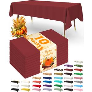 Pureegg Plastic Table Cloth Disposable 10 Pack, 54 x 108 Inch Table Cloths, Party, Thanksgiving Decorations, Harvest, Fall Tablecloths, Rectangle, Maroon Plastic Cover, Leakproof & Sturdy, Burgundy