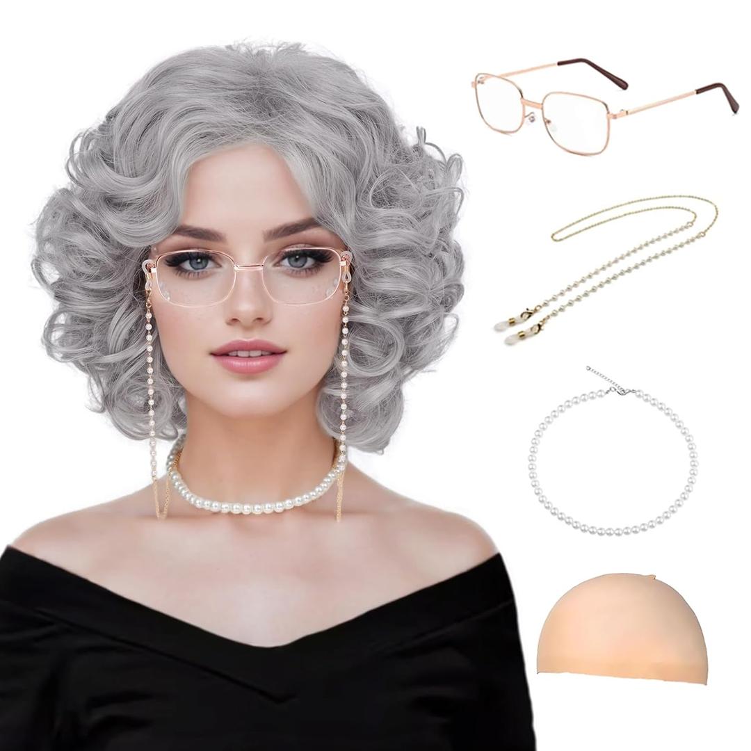 Old Lady Wigs for Women, Grey Wigs for Granny Grandma Costume-Gray Wig, Wig Cap, Madea Granny Glasses, Eyeglass Retainer Chain, Pearl Necklace (5pcs Set)