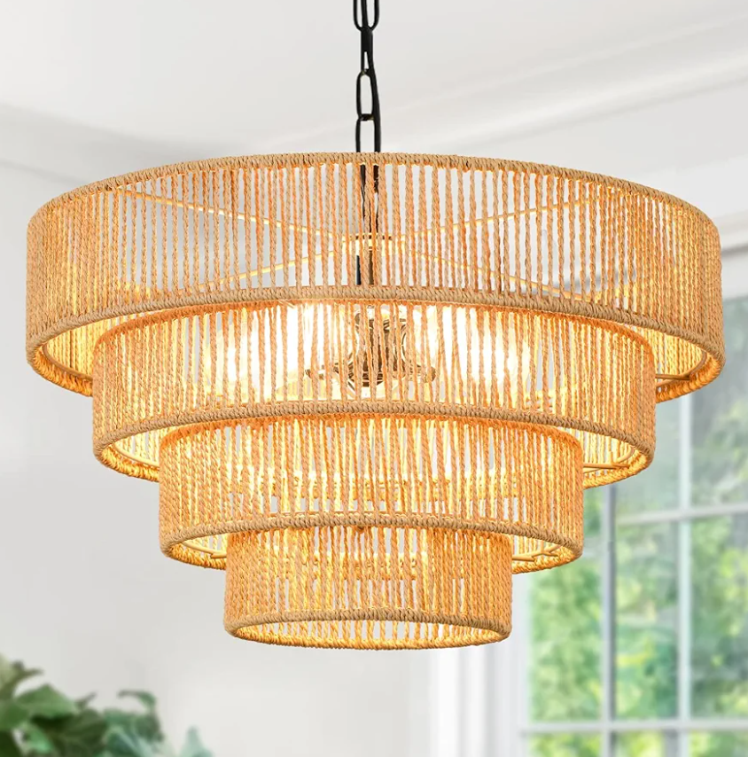 ILLMTW Rattan Chandeliers for Dining Room Light Fixture Boho Pendant Light Farmhouse Black Chandeliers Over Table 6 Light with Large Bamboo Wicker Lamp Shade for Dining Room Kitchen Islan Bedroom
