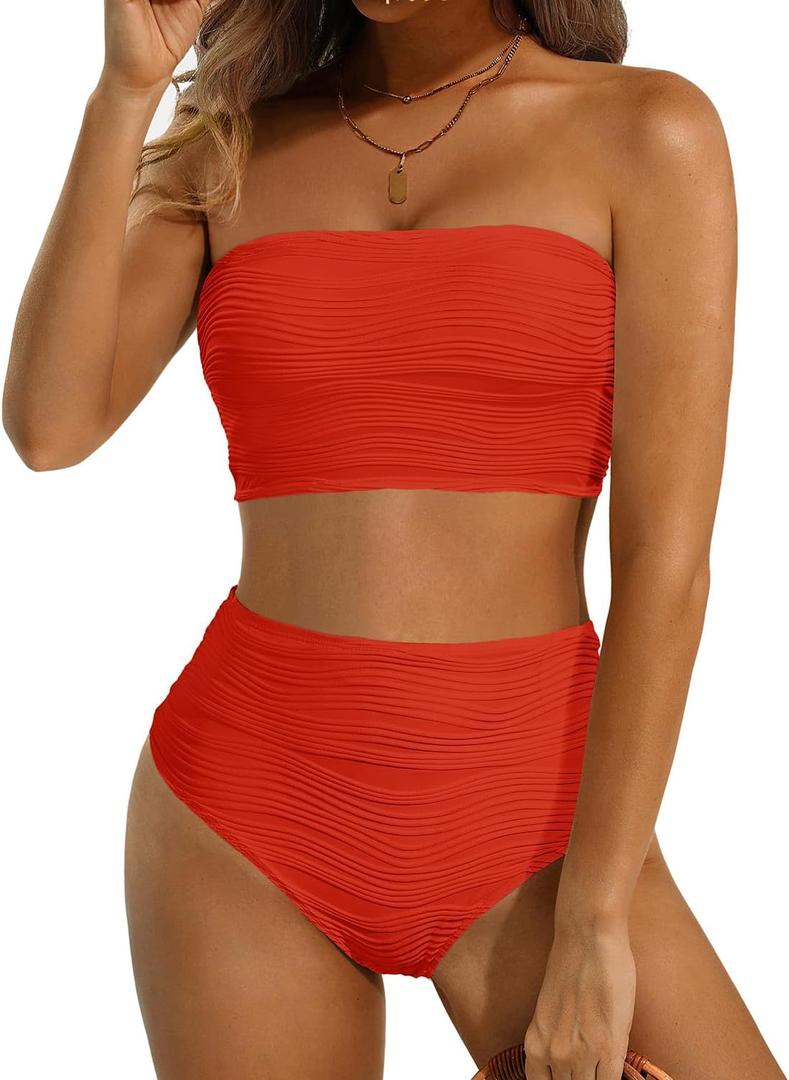 High Waisted Bandeau Bikini Set - Women Strapless Two Piece Swimsuits Ribbed Longline Full Coverage Bathing Suits Swimwear (Large, Red)
