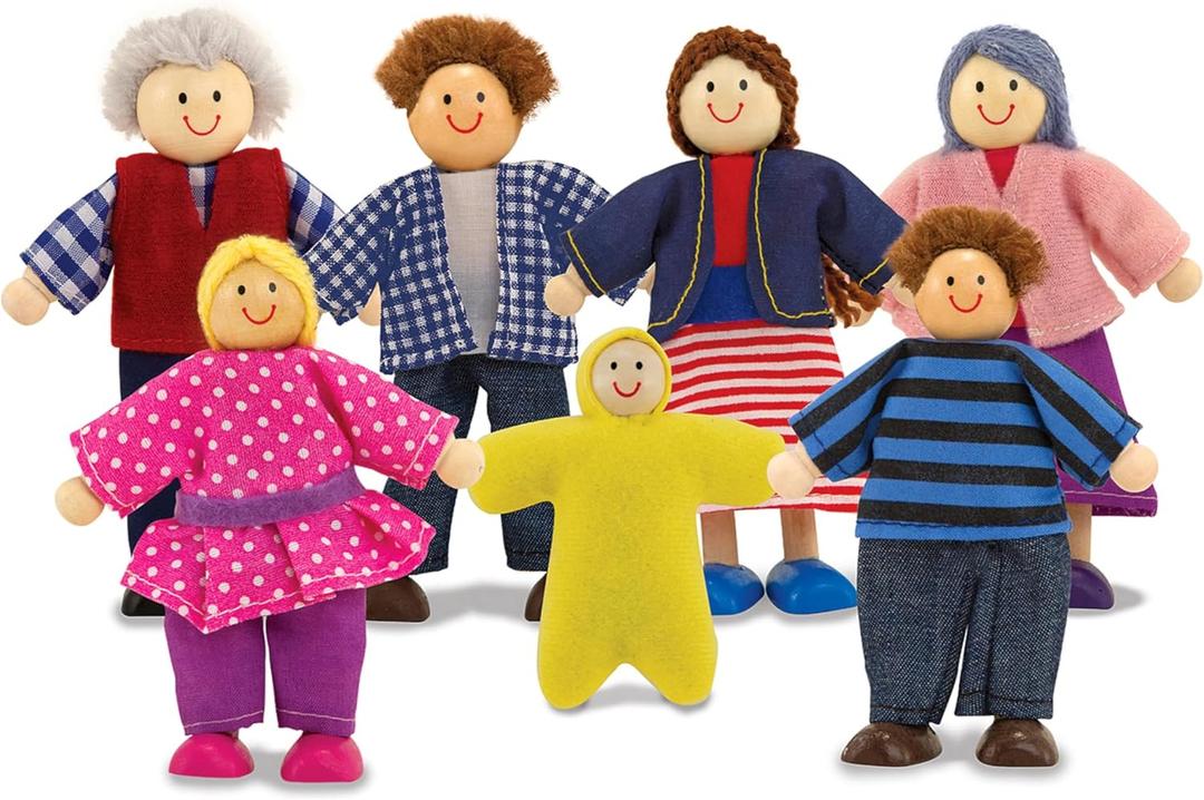 Melissa & Doug 7-Piece Poseable Wooden Doll Family for Dollhouse (2-4 inches Each)