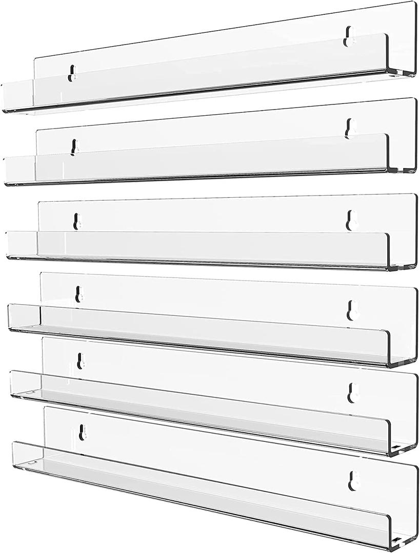 Cq acrylic Invisible Clear Floating Bookshelf - 15" Hanging Wall Mounted Display Shelf for Kids Room, Modern U Shaped Ledge for Books,Picture,Toys, Vinyl Records Wall Display Shelf,Pack of 6 (1.6 In Wide-Minimalist Design)