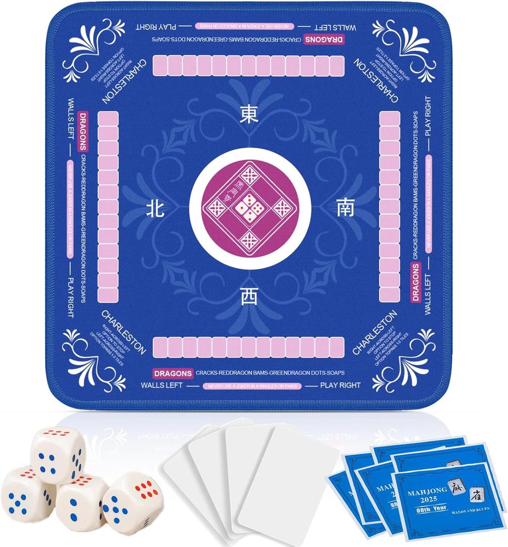 Mahjong Mat with Rules for Table with 6 Mahjong Playing Instructions,4 Mahjong Tile Mixer & 4 Dice,Non-Slip and Silent Travel Mahjong Set for Mahjong/Poker/Board Games/Card Games/Dominoes