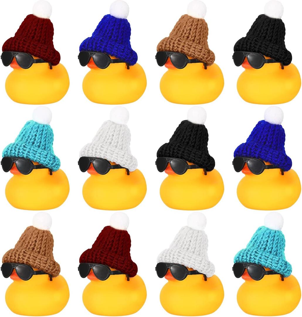 Chivao 12 Pcs Mini Rubber Ducks with Sunglasses/ Glasses and Hats/ Necklace, Cruise Rubber Ducks in Bulk Valentine Gift Small Bathtub Toy for Hiding Party Favor(Cute Style,Yellow)