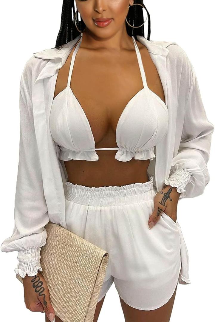 Women Hawaiian 3 Piece Outfits Set  Floral Print Blouse Casual Mini Short with Tank Summer Beachwear Suit (Small, White)