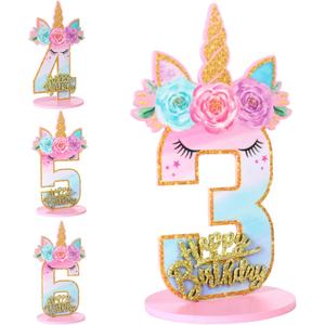 Unicorn Birthday Number Sign Centerpiece for Girls Wooden Unicorn Party Number Table Sign Decoration Unicorn Party Supplies for Birthday Anniversary (Number 3), 11.8 inches x 7.1 inches