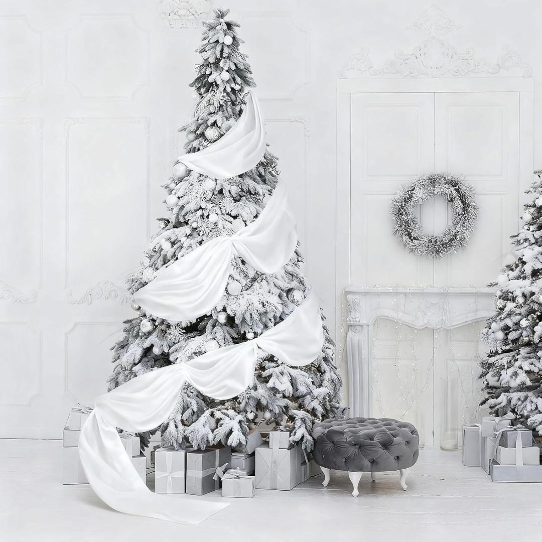 Thyle 28.8 Inch x 21.6 ft Giant Ribbon Christmas Tree Decorations Extra Large Gorgeous Elegant Wide Ribbon Garland for Christmas Staircase Wedding Indoor Outdoor Decorations(White,Chiffon)