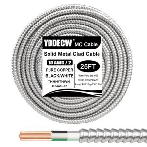25ft 10/2 Metal Clad (MC) Cable with Ground, 10 Gauge Electric Wire with Aluminum Armor, Solid Bare Copper Conductors for Indoor Outdoor Underground Embedded Installation (10/2, 25 ft)