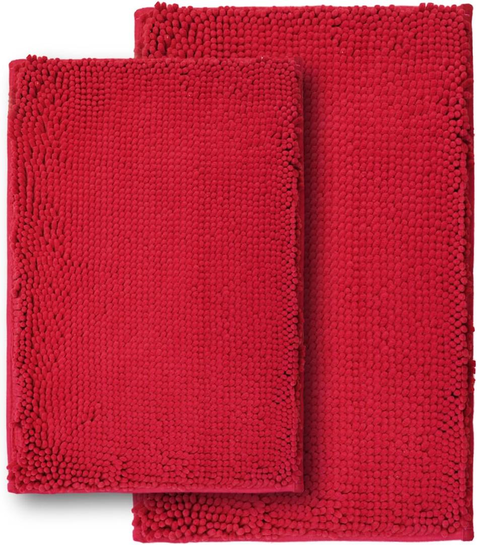 Bathroom Rugs Sets 2 Piece,Super Absorbent Soft,Thick,Machine Washable Chenille Bath Mat,Non Slip Toilet Floor Rug,Bath Mats for Bathroom,16x24 Plus 20x32 Shape,Red