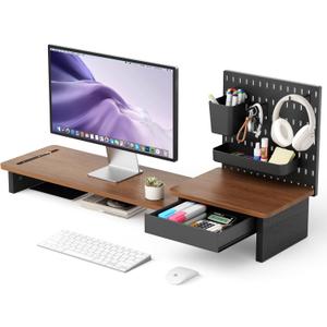 AFOOYO Monitor Stand Riser,Computer Monitor Stand with DIY Pegboard and drawer for Laptop,PC,Computer,Printer,Walnut Finish
