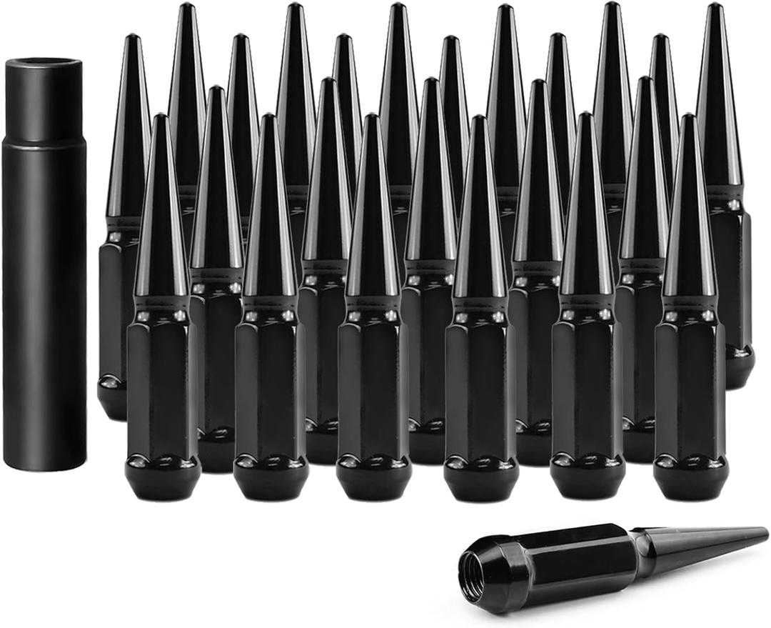 Set of 32, 14 mm x 1.5 Wheel Spike Lug Nuts, M14x1.5 Conical Bulge Seat, Closed End Spiked Lug Nuts with 1 Socket Key for Silverado Sierra 2500 3500, F250 f350 Aftermarket Wheel Black