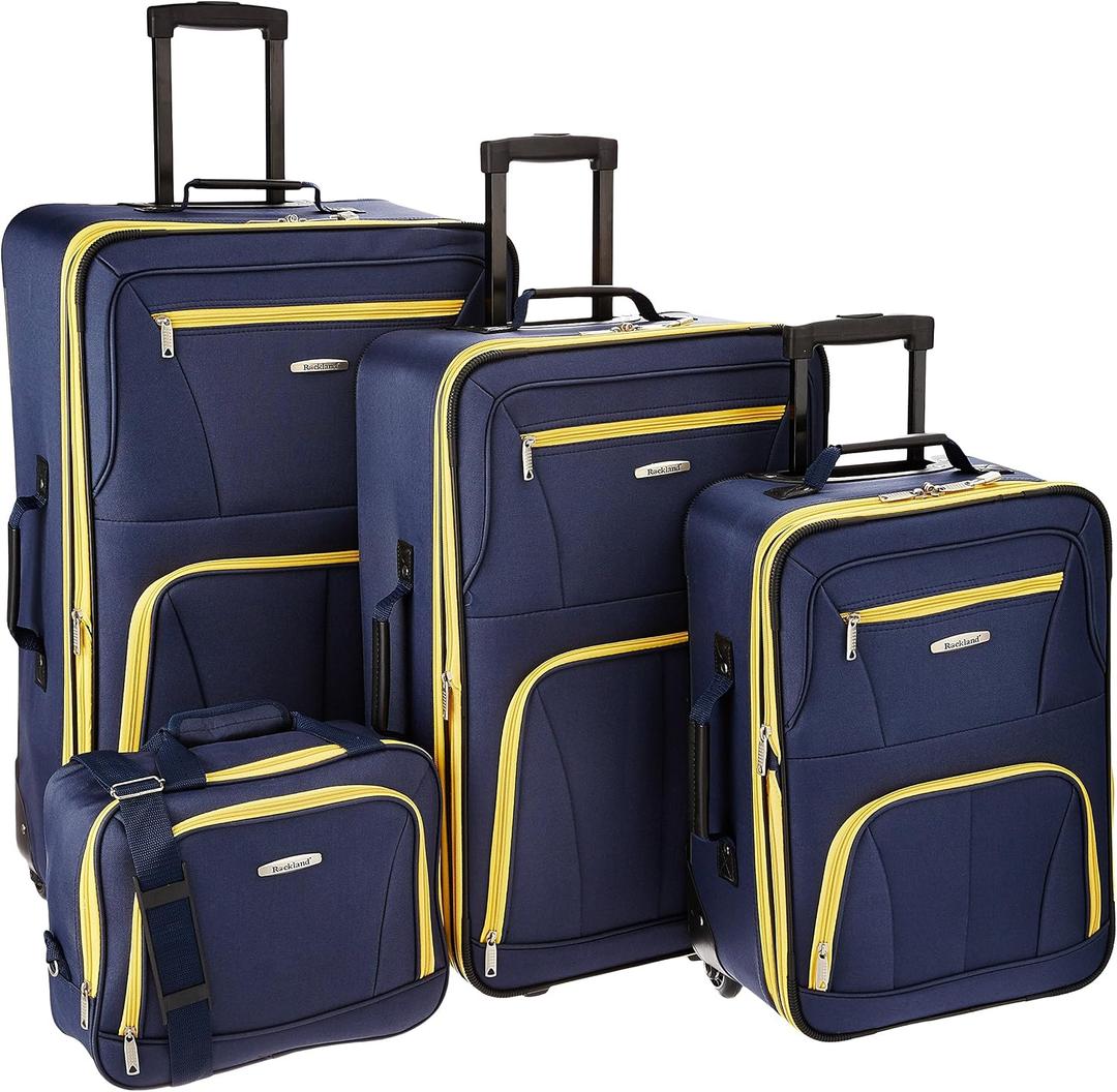 Rockland Fashion Softside 4 Piece Luggage Set, Expandable, (14" Tote/19"/24"/28"), Navy