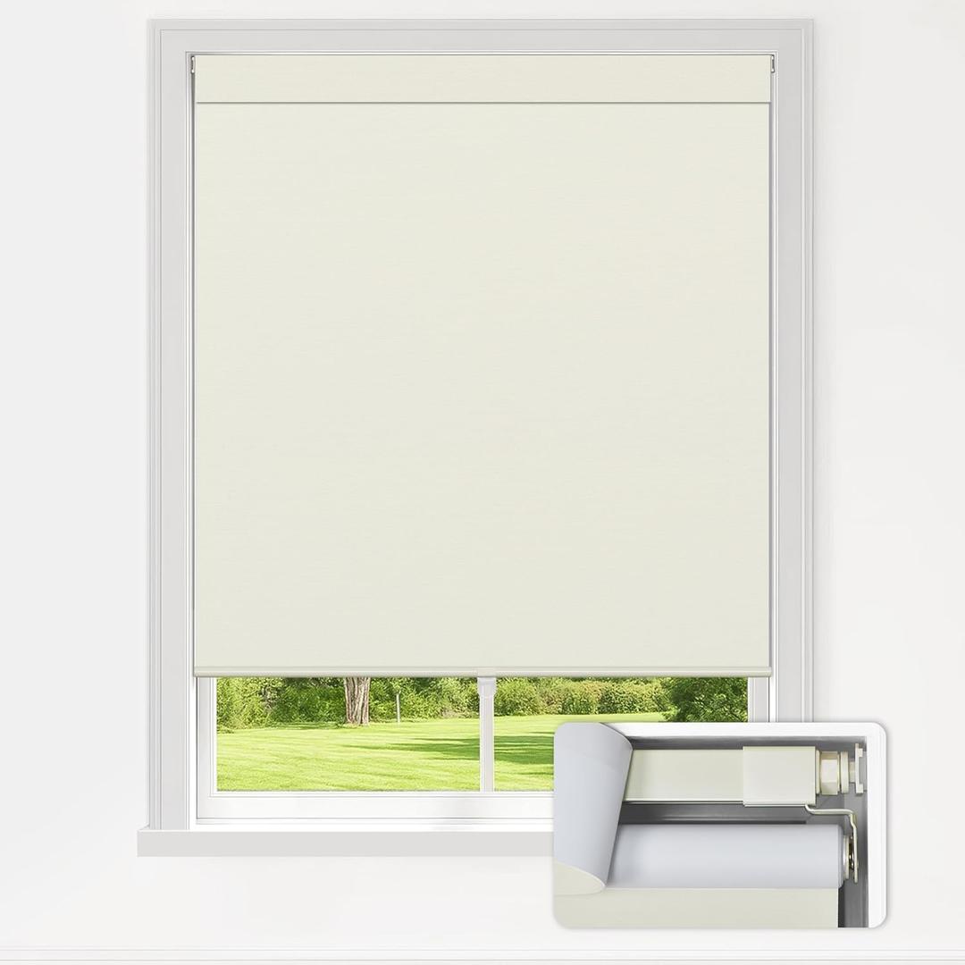 LazBlinds No Drill Blackout Roller Shades, 34" W x 48" H, Cream | Cordless, Thermal Insulated Fabric, UV Protection, For Indoor Windows, For Home and Office