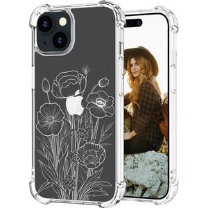 Hungo Compatible for iPhone 15 Plus Case for Women Clear Design Cute,Girly Girls Aesthetic Designer White Wild Flowers Design