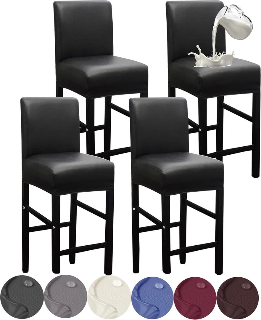 HFCNMY Bar Stool Covers,4 Pack Stretch Waterproof PU Bar Stool Covers with Backs Bar Stool Chair Covers Barstool Covers Slipcovers with Back Pub Counter Stool Chair Covers with Elastic Bands Black