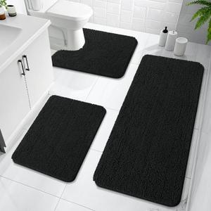 OLANLY Bathroom Rugs Sets 3 Piece, Soft Absorbent Chenille Bath Mats and U-Shaped Contour Toilet Rug, Quick Dry, Home Decor Accessories, Bath Mat Set for Bathroom (47"x20"+24"x16"+24"x20", Black)