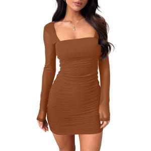 oten Women Mesh Long Sleeve Square Neck Mini Dress Sexy Ruched Bodycon Cocktail Club Party Short Dresses (Small, Brown)