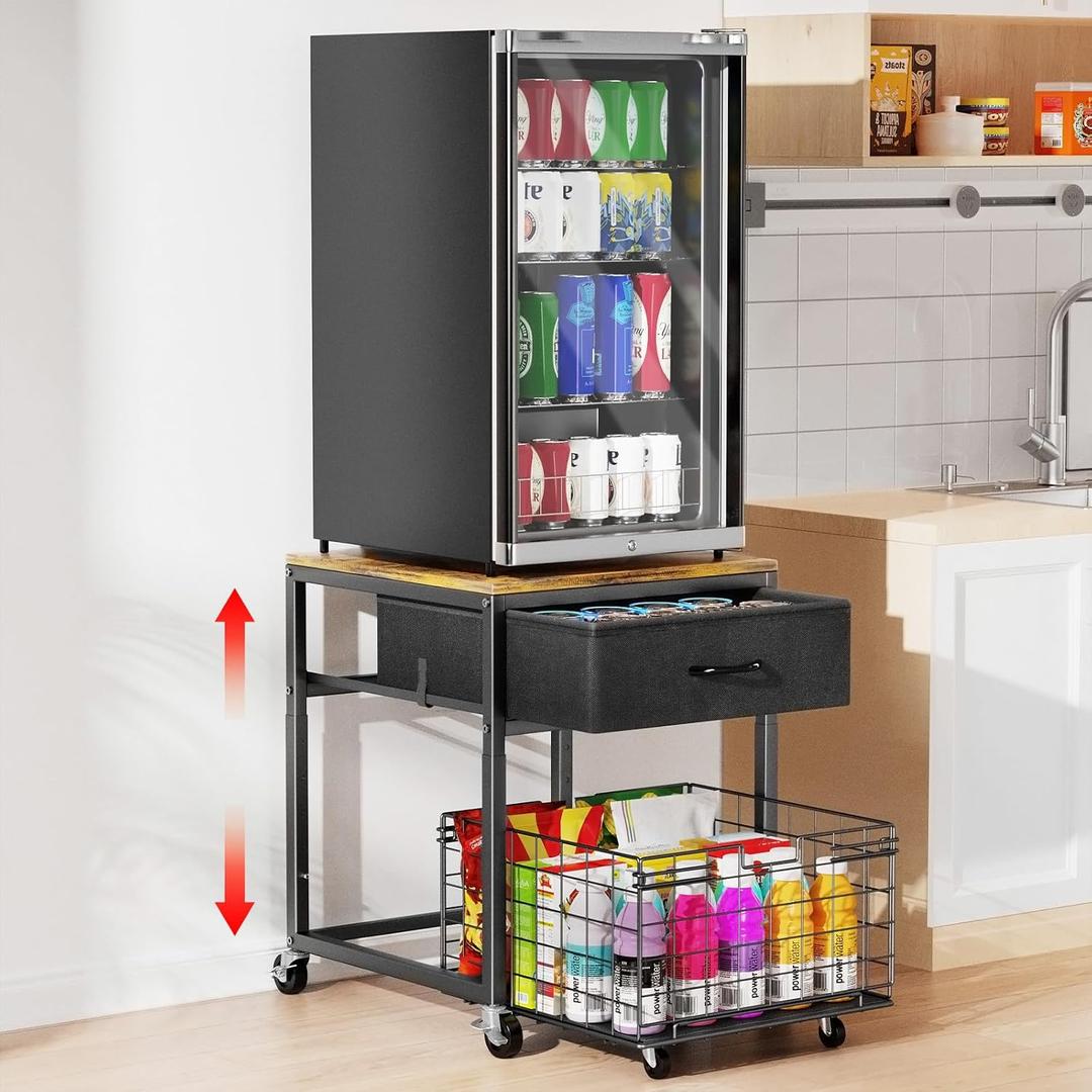 Housolution Mobile Mini Fridge Stand with Storage, Height-Adjustable Mini Beverage Fridge Table, Coffee Bar, 200 lbs Heavy-Duty Compact Refrigerator Shelf with Rolling Cabinet for Kitchen Home Office, 19.69 X 19.69 X 28.74 Inches