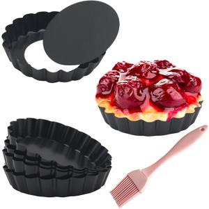 6 Pack Mini Fluted Tart Pans 4 Inch with Removable Bottom, Nonstick Quiche Pan with Silicone Basting Pastry Brush for Baking Treats, Pie, Quiches, Tartlets