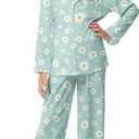 CARETOO Kids Pajamas Girl Button down Long Sleeve Long Pants with Headband Girls' Pajama Sets Green Daisy Nightwear Sleepwear Gift Girls Pajamas Size 10-12