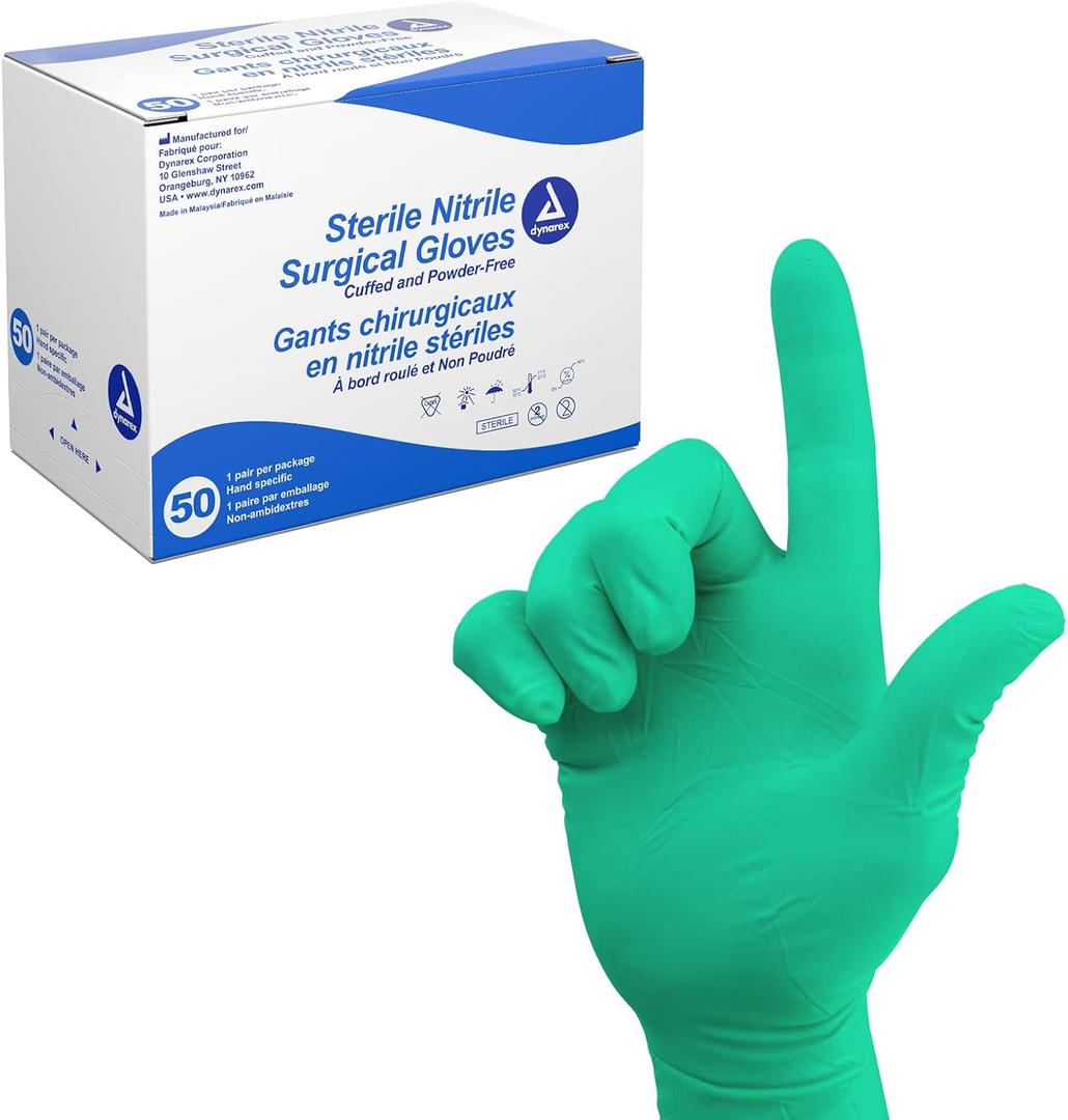 Dynarex Sterile Nitrile Surgical Gloves, Powder Free, Size 7.5, 50 Pairs of Gloves, White, 7.5