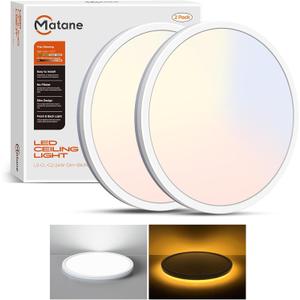 Matane 2Pack LED Flush Mount Ceiling Light Fixture with Night Light, 12inch 24W 2400LM 3000K/4000K/5000K Selectable, Dimmable LED Ceiling Lights for Bedroom, Dining Room, Kitchen, Round White