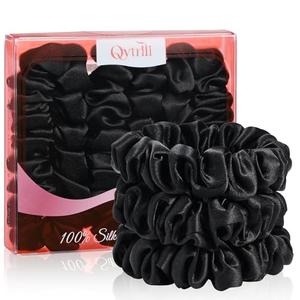 Silk Hair Ties 3 Pack 6A 100% Mulberry Silk Scrunchies 22 Momme Small Sleep Ties and No Damage No Crease for Women Girls Curly Thick Thin Hair, Sample Fabric Provided (Black*3)