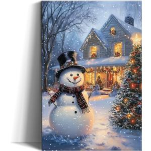Christmas Wall Art Snowman Painting Xmas Tree Poster Snowy Winter House Scene Canvas Prints Vintage Holiday Poster for Bedroom Living Room Home Office Entryway Framed(12"x18") (A-Cool Grey)