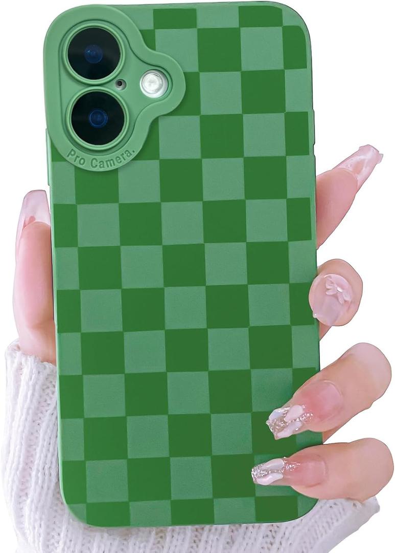 Lovmooful Compatible for iPhone 16 Case Cute Checkerboard Lattice Plaid with Color Design for Girls Women Soft TPU Shockproof Protective Girly for iPhone 16 Case-Green