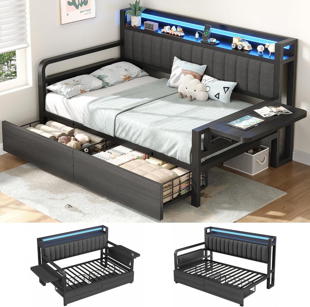 Jocoevol Twin Corner Bed Frame with Storage Drawers and LED Light, Heavy Duty Metal Daybed with Upholstered Storage Headboard & Charging Station, Twin Size Day Bed for Kids Teens Guests, Black