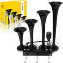 FARBIN 4 Trumpet Air Horn 12/24V Train Horn 178DB Truck Air Horn Super Loud Air horn with Electric Solenoid Universal for Train Truck SUV Boat Metal Black(black Parallel 4-tube 12/24V)