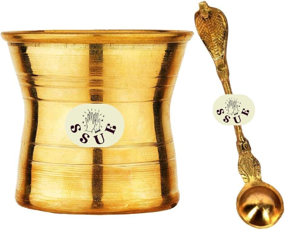 Brass Panch Jal Patra Achmani Pooja Kalash Lota with Spoon Holy Water Rituals Religious Spiritual Worship Prayer Home, Navratri Puja, Office, Temple Festivals Gift (2.5 Inches) Approx