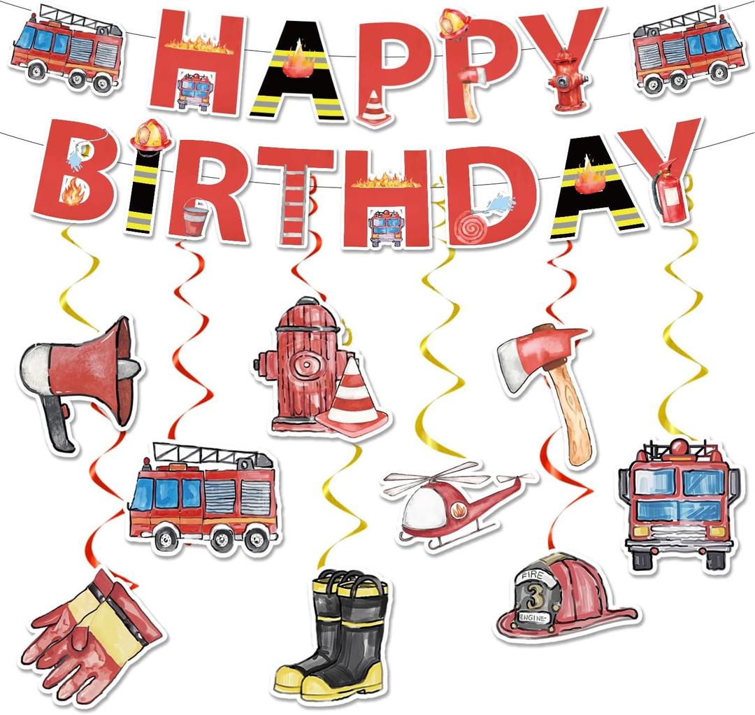 Firetruck Birthday Party Decorations - 11PCS Fire Truck Banners with Hanging Swirls Happy Bday Decoration Firefighter Decor Supplies for Fireman