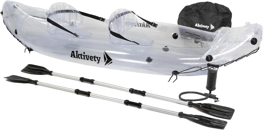 Inflatable Clear Kayak 2 Person Adult  Transparent Tandem Crystal Kayaks with See Through Bottom  Blow Up Heavy Duty Canoe Boat for River, Pool  2 Paddlers Set Included