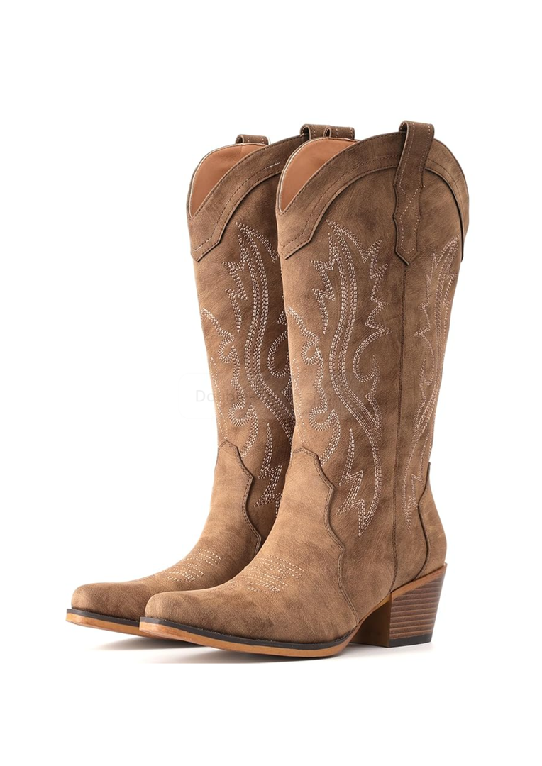 IUV Cowboy Boots For Women Western Cowgirl Boots with Chunky Heel Mid Calf Snip Toe Ideal for low insteps, 10