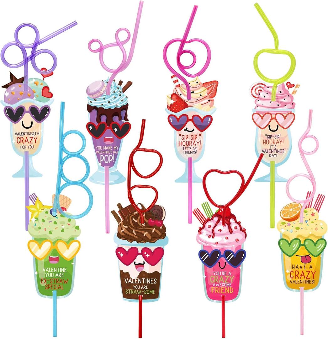 32 Pack Valentines Day Cards with Crazy Straws for Gifts Exchange Valentines Party Favors