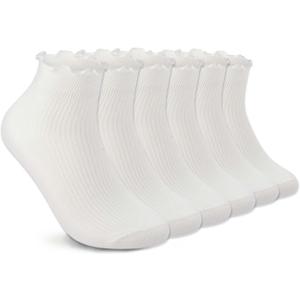 DarkCom Ruffle Socks Womens 6 Pairs Cute Ankle Lettuce Edge Frilly Crew Socks (5-9, White)