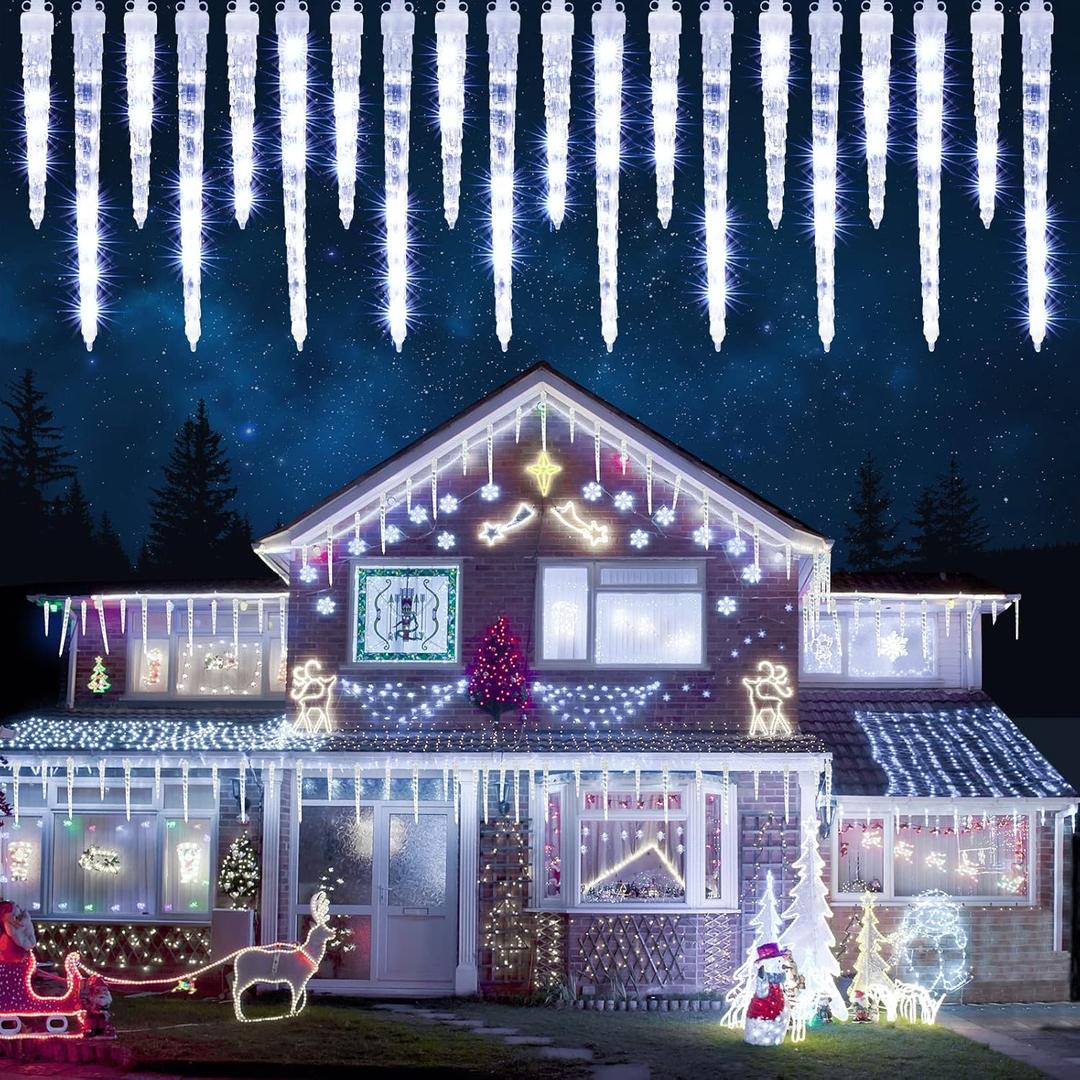 Joomer Icicle Christmas Lights Outdoor,13FT 20 Icicles 320 LED Meteor Shower Icicle Lights Timer Waterproof Connectable Christmas Light for Outside Home Xmas Decoration - White