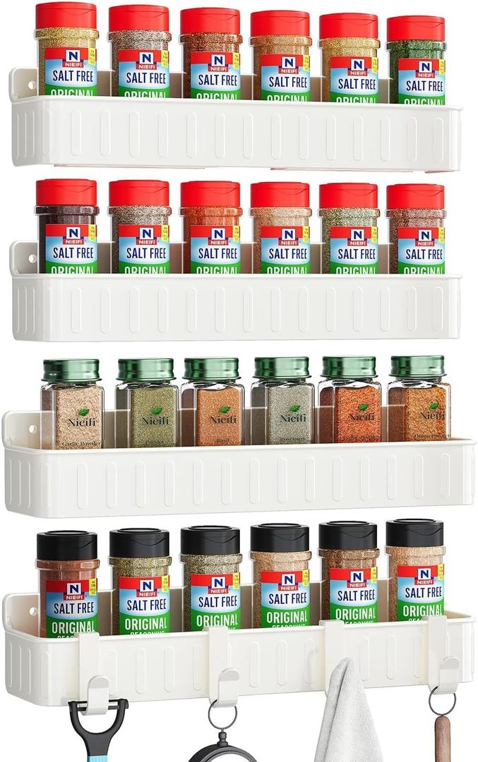 Nieifi Spice Rack Wall Mount, 4 Pack, Clear, Screw or Adhesive Installation, Spice Rack Organizer for Your Kitchen Cabinet or Pantry Door