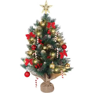 2FT Mini Christmas Tree with Lights Artificial Tabletop Xmas Tree with 26pcs DIY Decors Star Treetop Bows Berries Glitter Balls Pine Cones Wood Base with Burlap DIY Indoor Decor for Holiday