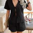 Women's Summer Short Sets Front Tie V Neck Shirt Tops Matching Casual Shorts 2 Piece Outfits Vacation Loungewear (Black, M)