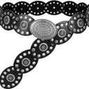 WHIPPY Women Disc Concho Leather Belt Western Cowgirl Wide Belt Vintage Boho Country Oval Waist Belt for Music Festival Dress (Fit Waist Size Up to 33", Black)