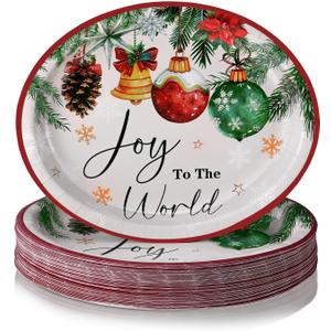 50 Pcs Christmas Oval Paper Plates 11'' Disposable Joy to the World Paper Plates Xmas Balls Tableware Large Christmas Snowflake Decorations for Winter Picnic Tea Party Supplies