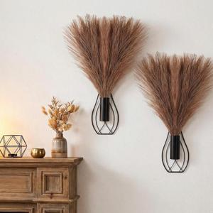 Otoolling 2 Pieces Hanging Plant Wall Decor with Artificial Pampas Grass Metal Hanging Vase Modern Geometric Farmhouse Bohemian Wall Art for Living Room Bedroom Kitchen Office(Black, Brown)
